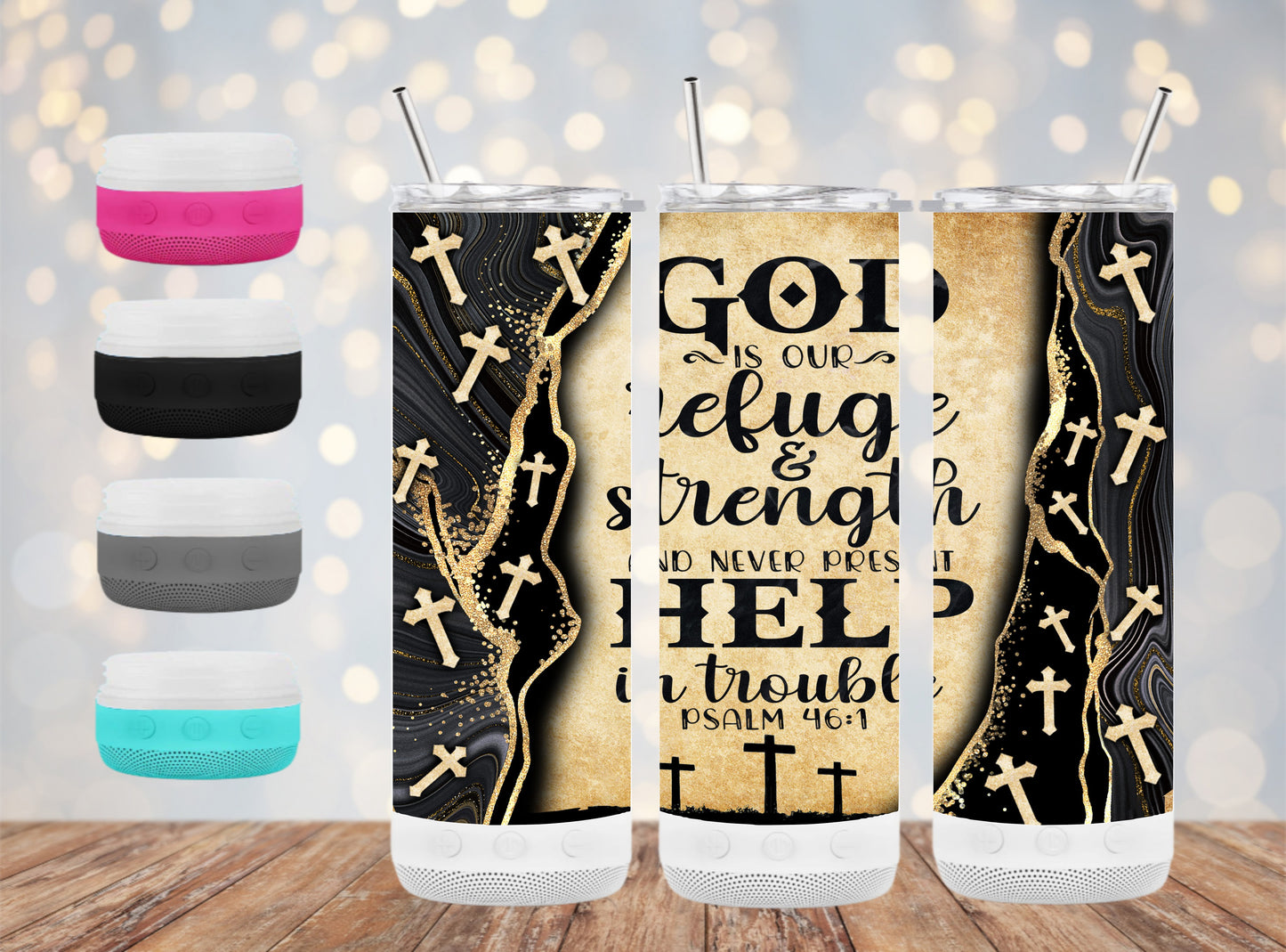 God is Our Refuge Black and Tan - 20 oz Bluetooth Speaker Tumbler
