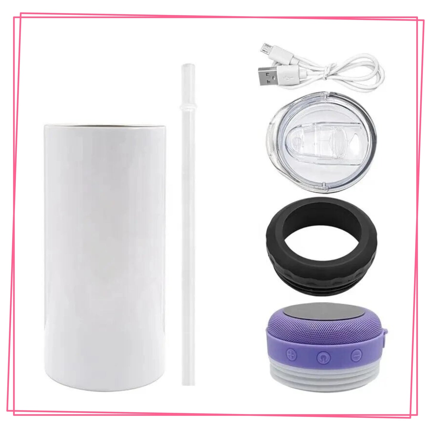 Silver/White Ombre Glitter 16 oz 4-in-1 Tumbler and Can Cooler with a Bluetooth speaker