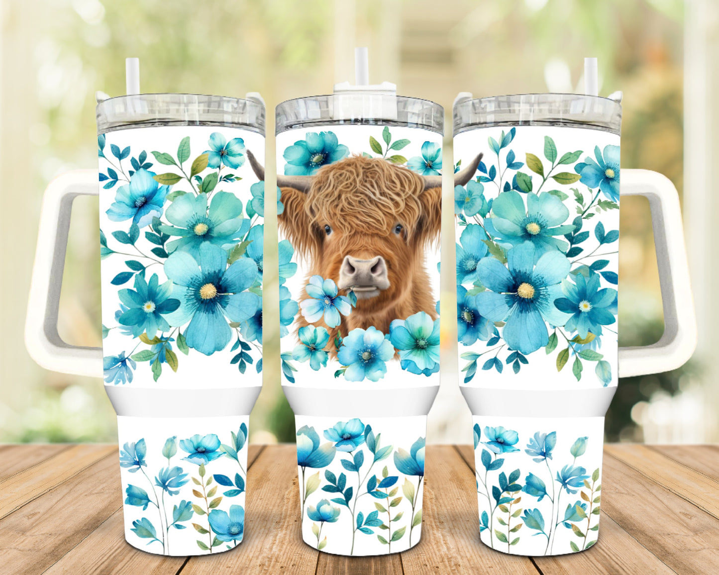 Highland Cow Blue Floral 40 oz Tumbler with Handle