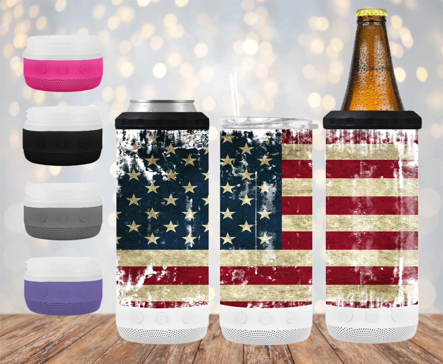 American Flag Distressed - 16 oz 4-in-1 Tumbler and Can Cooler with a Bluetooth speaker