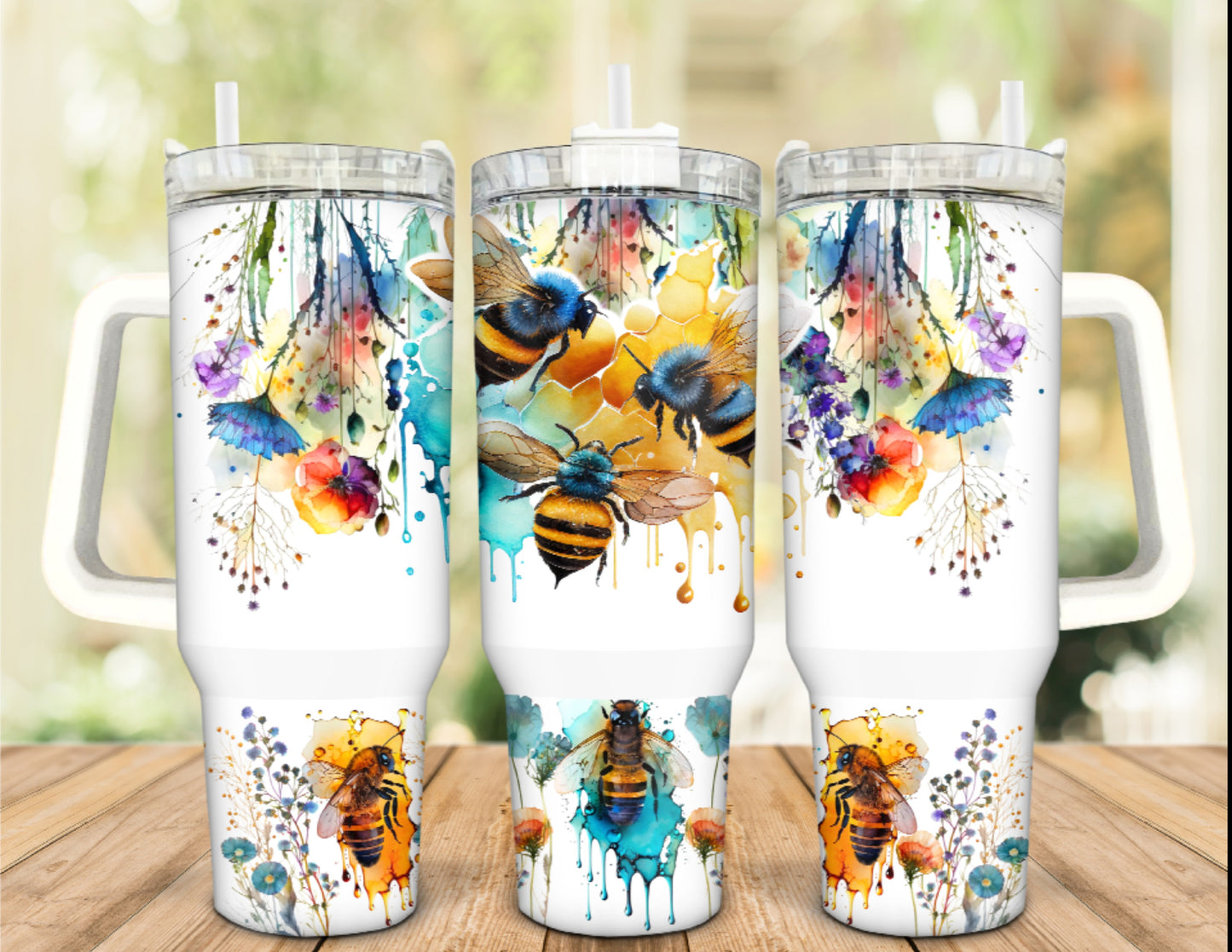 Watercolor Bee 40 oz Tumbler with Handle