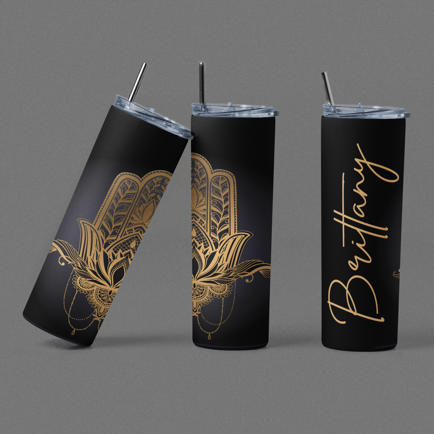 Black and Gold Hamsa Skinny Tumbler with lid and reusable straw