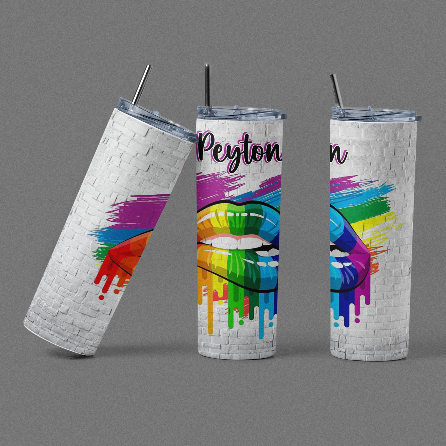 Rainbow Lips Skinny Tumbler with sliding lid and reusable plastic straw