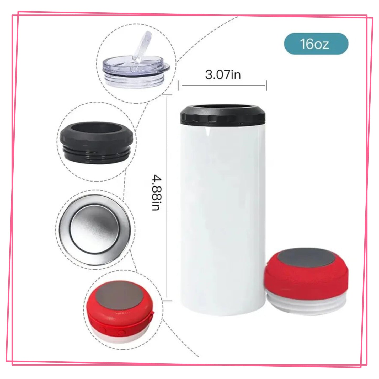 Teal and White Ombre Glitter 16 oz 4-in-1 Tumbler and Can Cooler with a Bluetooth speaker