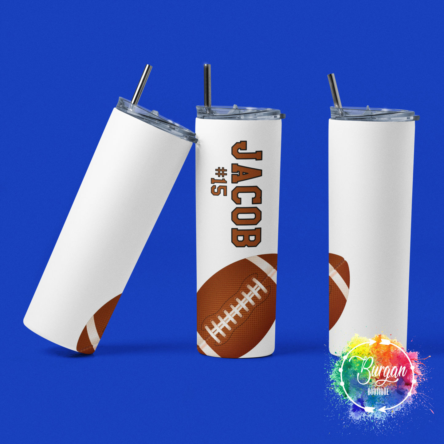 Personalized Football Player 20 oz Skinny Tumbler with lid and reusable straw