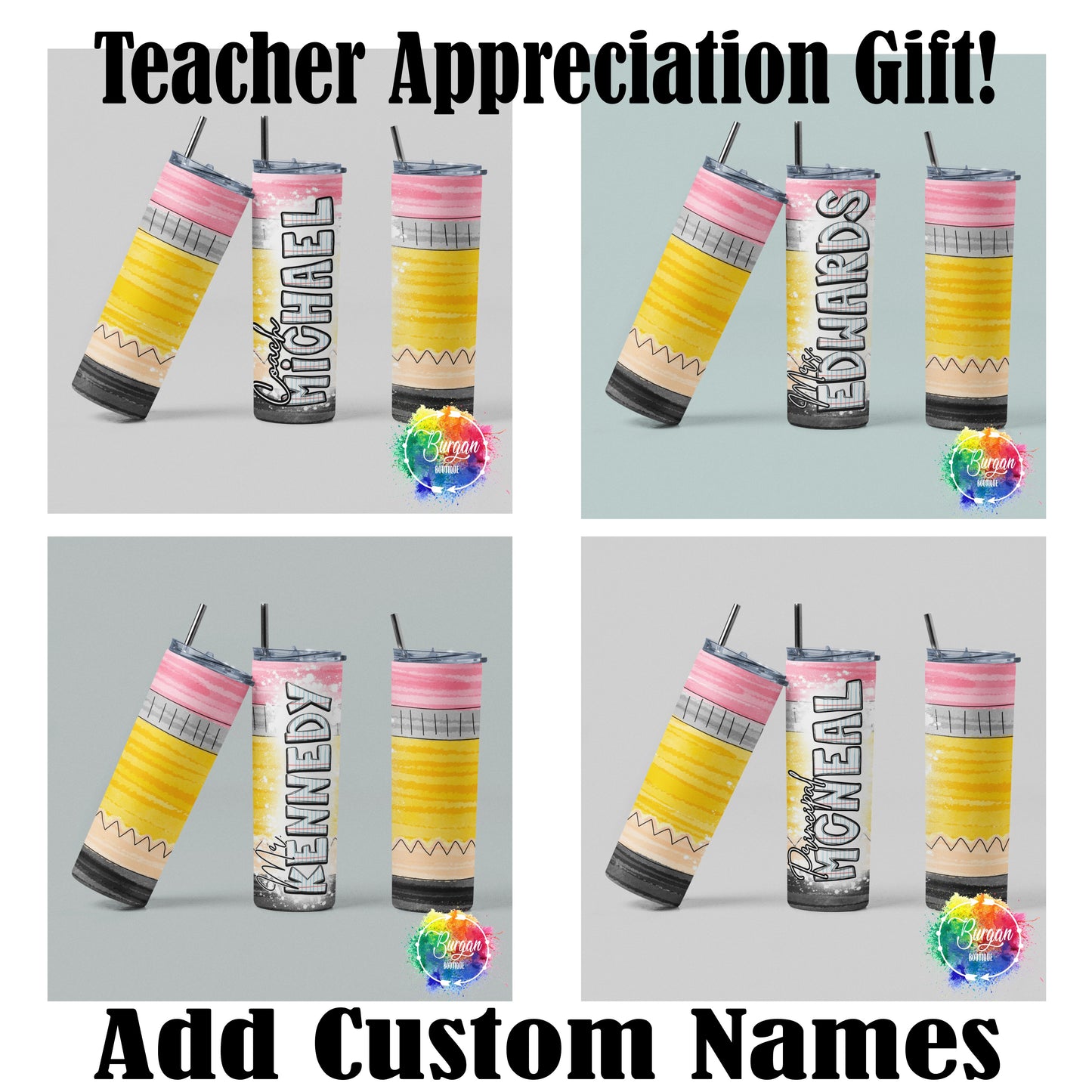 Teacher Appreciation Custom name Skinny Tumbler with lid and reusable straw