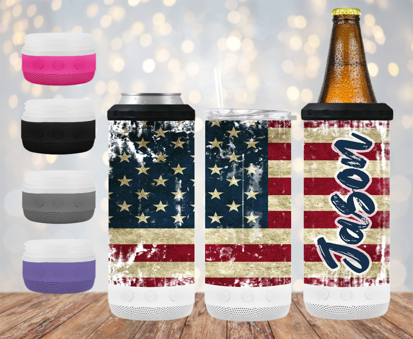 American Flag Distressed - 16 oz 4-in-1 Tumbler and Can Cooler with a Bluetooth speaker