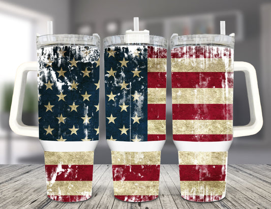 Distressed American Flag 40 oz Tumbler with Handle