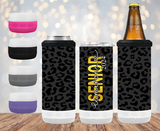 Senior c/o 2024 Black and Gold 16 oz 4-in-1 Tumbler and Can Cooler with a Bluetooth speaker