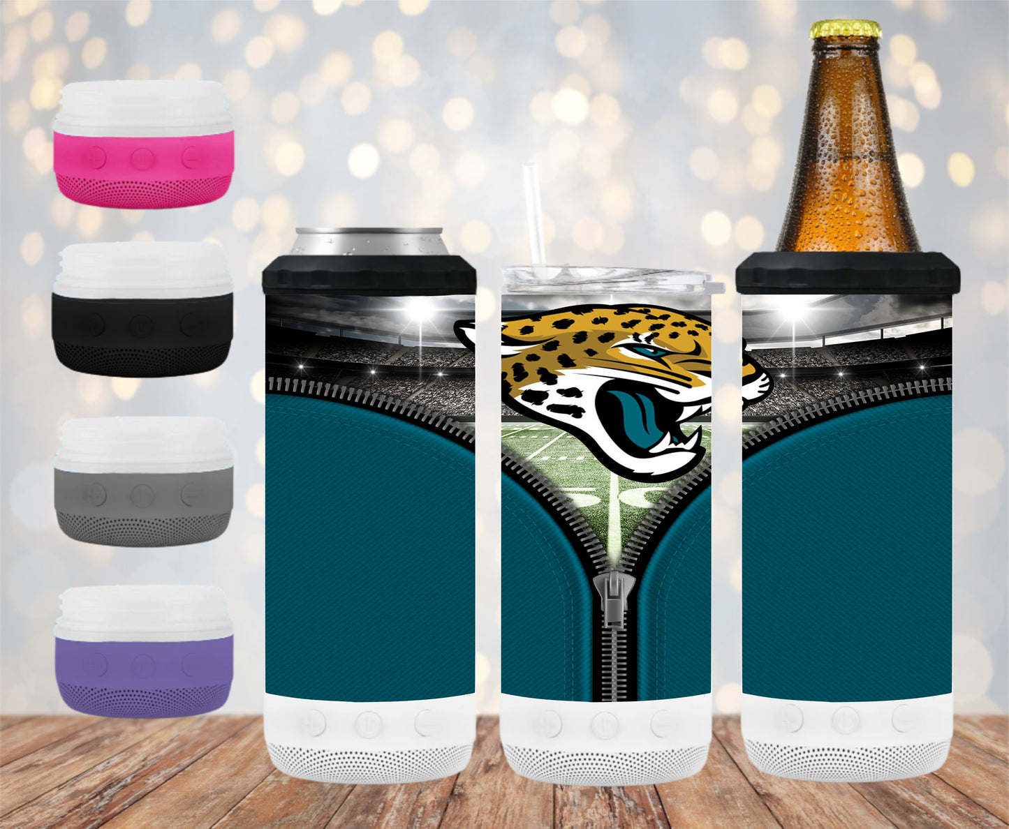 Jacksonville Jaguars Zipper - 16 oz 4-in-1 Tumbler and Can Cooler with a Bluetooth speaker