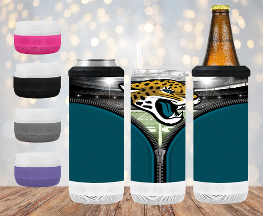 Jacksonville Jaguars Zipper - 16 oz 4-in-1 Tumbler and Can Cooler with a Bluetooth speaker