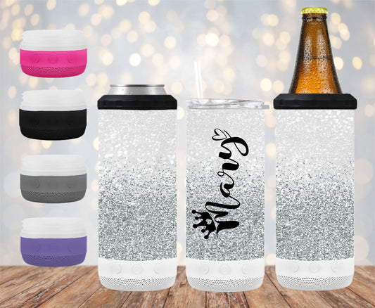 Silver/White Ombre Glitter 16 oz 4-in-1 Tumbler and Can Cooler with a Bluetooth speaker