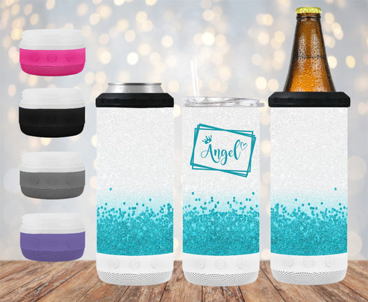 Teal and White Ombre Glitter 16 oz 4-in-1 Tumbler and Can Cooler with a Bluetooth speaker