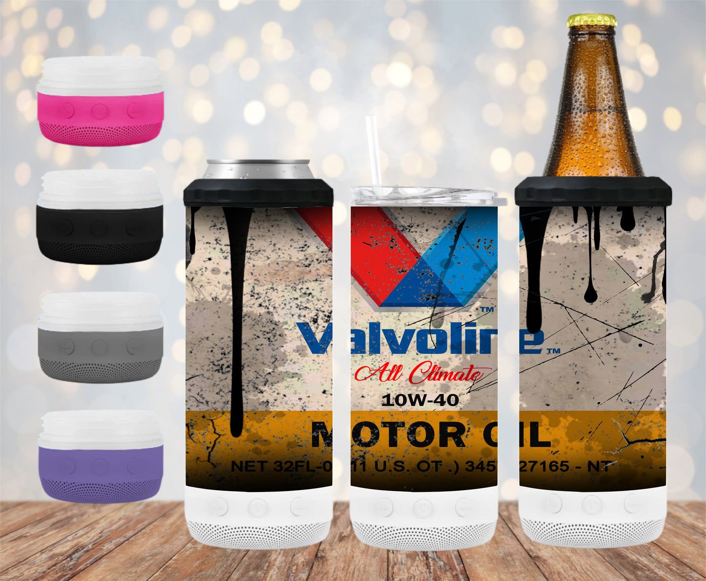 Valvoline Motor Oil Grunge - 16 oz 4-in-1 Tumbler and Can Cooler with a Bluetooth speaker