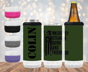 Whiskey, Steak, Guns, And Freedom - 16 oz 4-in-1 Tumbler and Can Cooler with a Bluetooth speaker