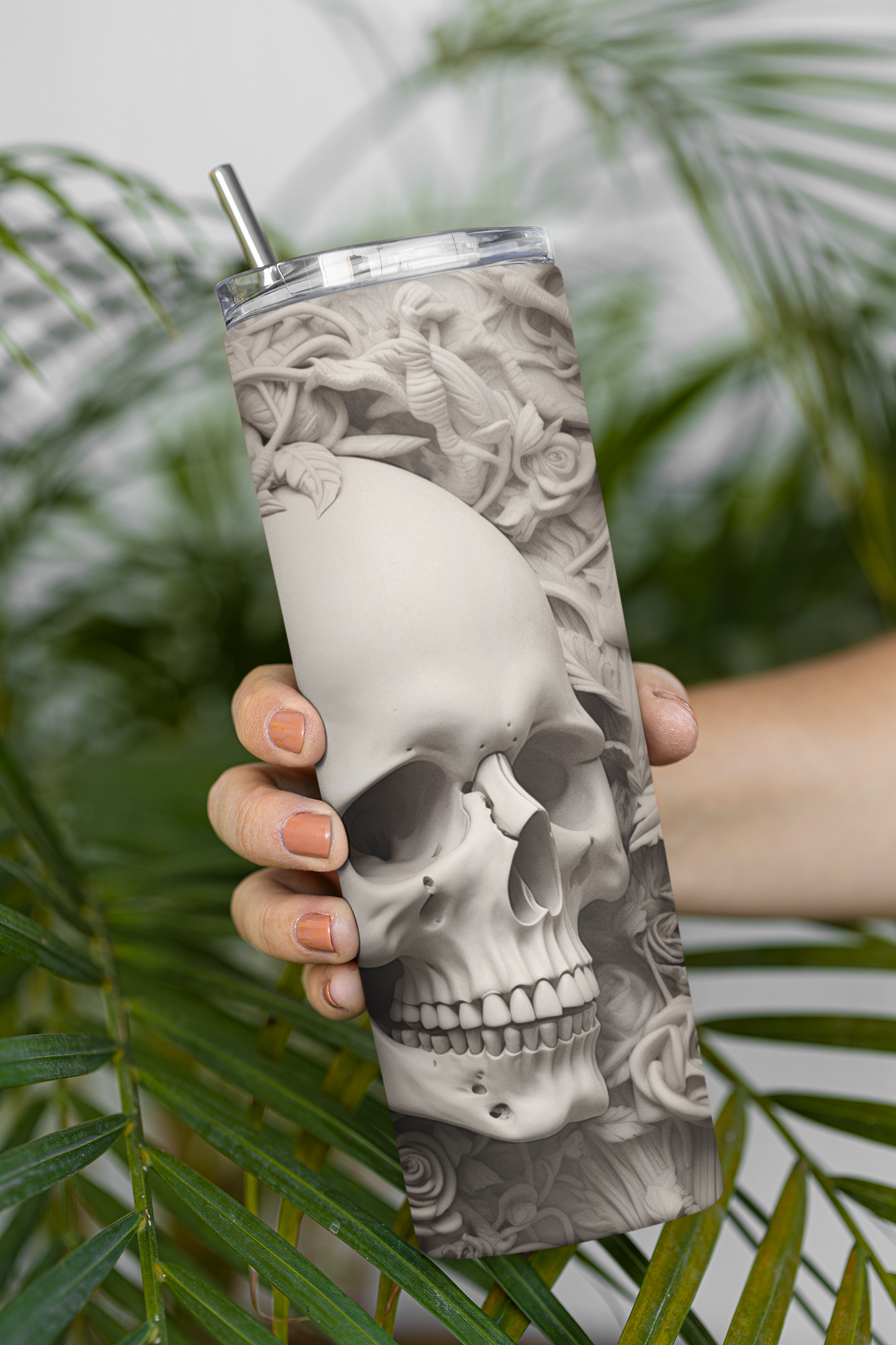 New 3D Art Clay Skull Skinny Tumbler with lid and reusable straw