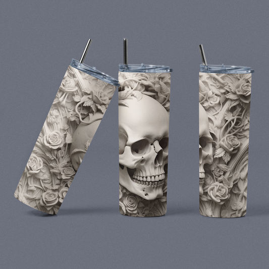 New 3D Art Clay Skull Skinny Tumbler with lid and reusable straw