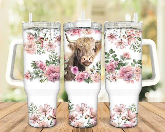 Highland Cow Pink Floral 40 oz Tumbler with Handle
