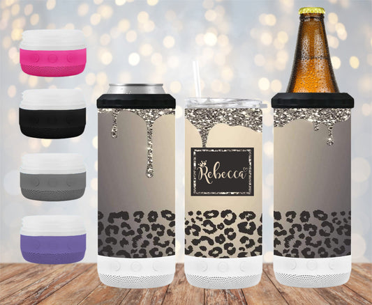 Glitter and Cheetah 16 oz 4-in-1 Tumbler and Can Cooler with a Bluetooth speaker!