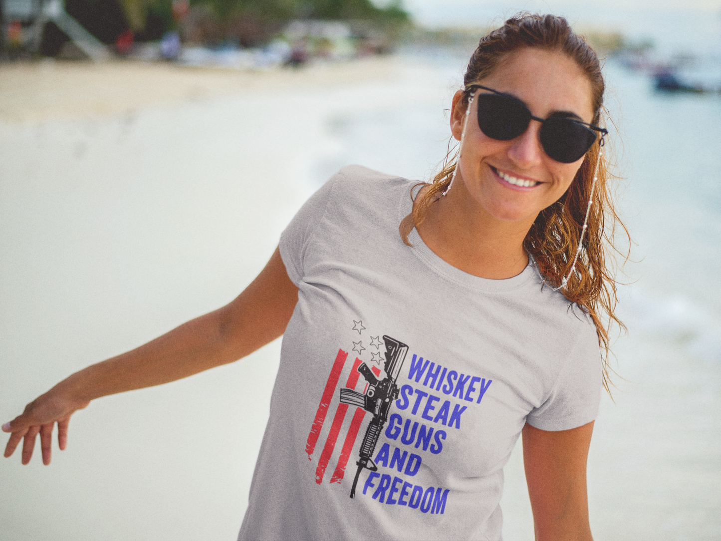 Whiskey, Steak, Guns, and Freedom Red, White, and Blue T-Shirt