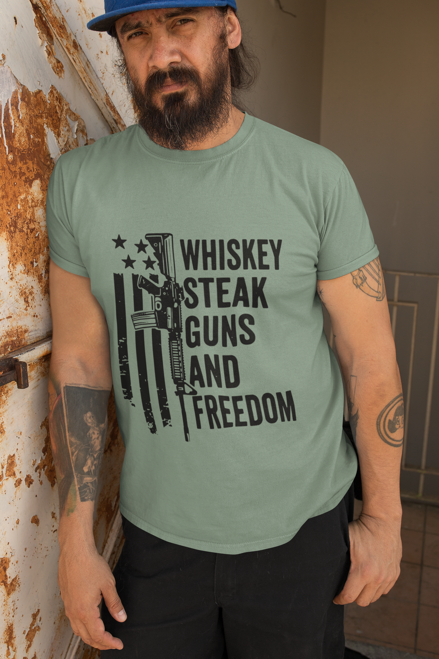 Whiskey, Steak, Guns, and Freedom American Flag T-Shirt