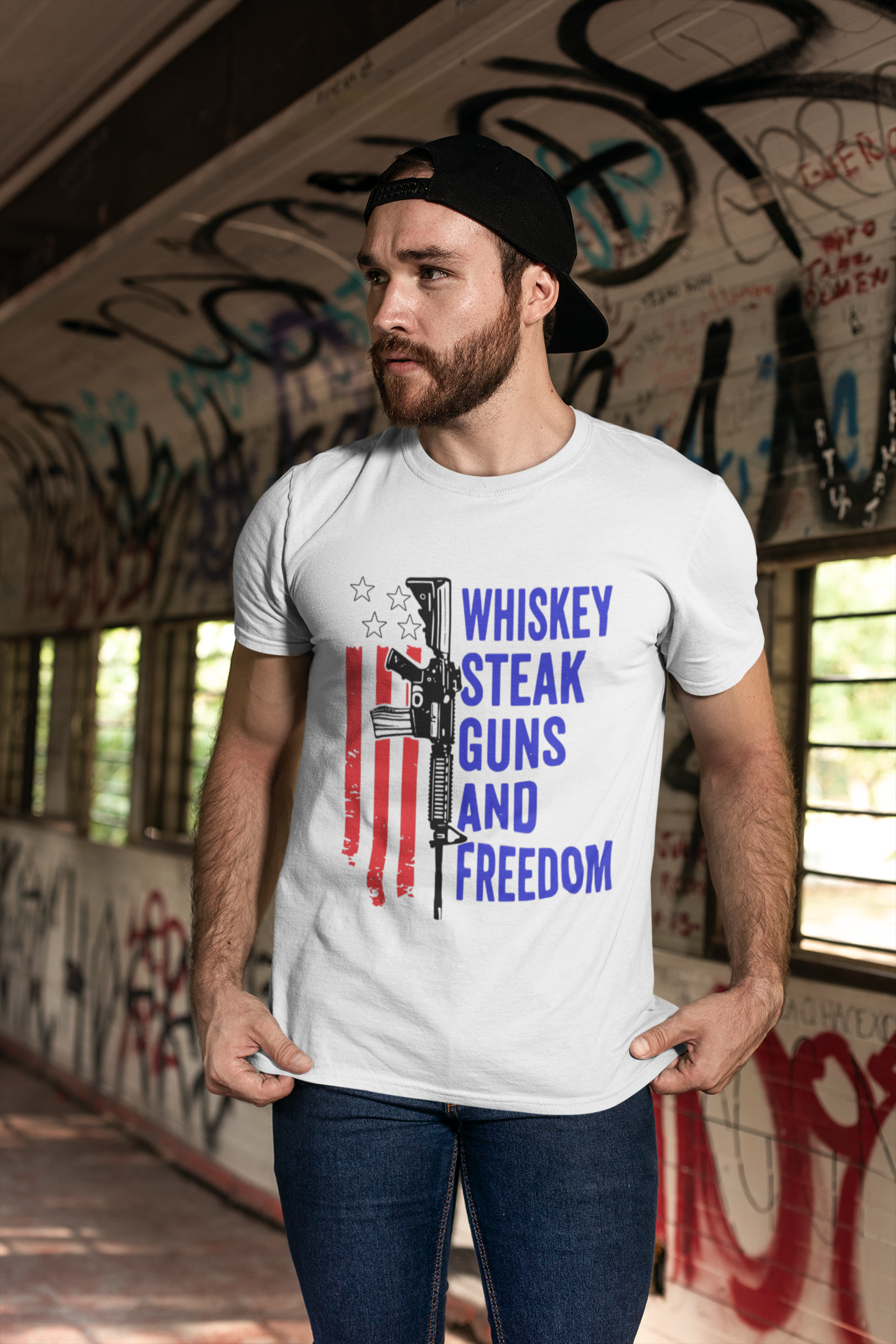 Whiskey, Steak, Guns, and Freedom Red, White, and Blue T-Shirt