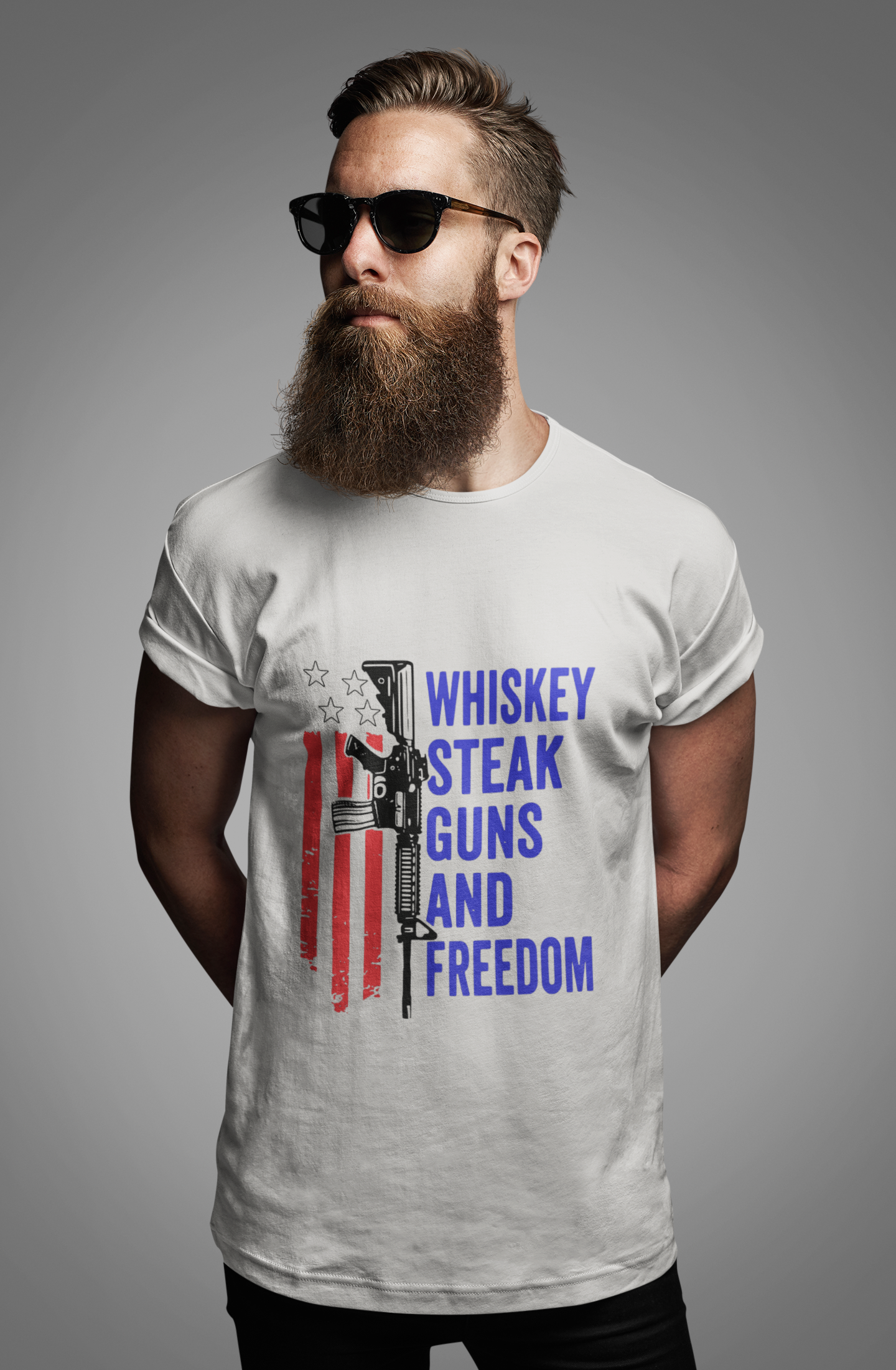 Whiskey, Steak, Guns, and Freedom Red, White, and Blue T-Shirt