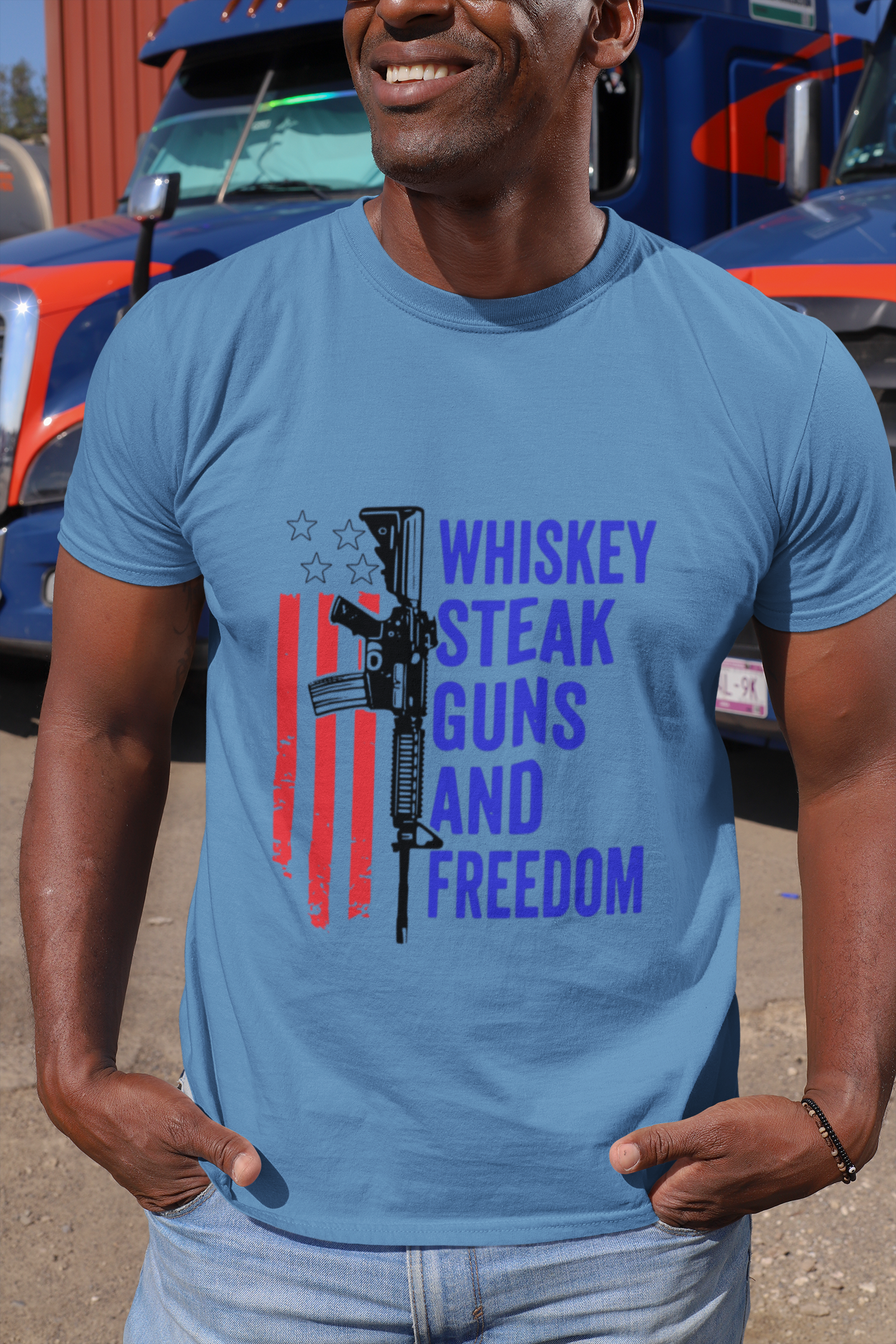 Whiskey, Steak, Guns, and Freedom Red, White, and Blue T-Shirt