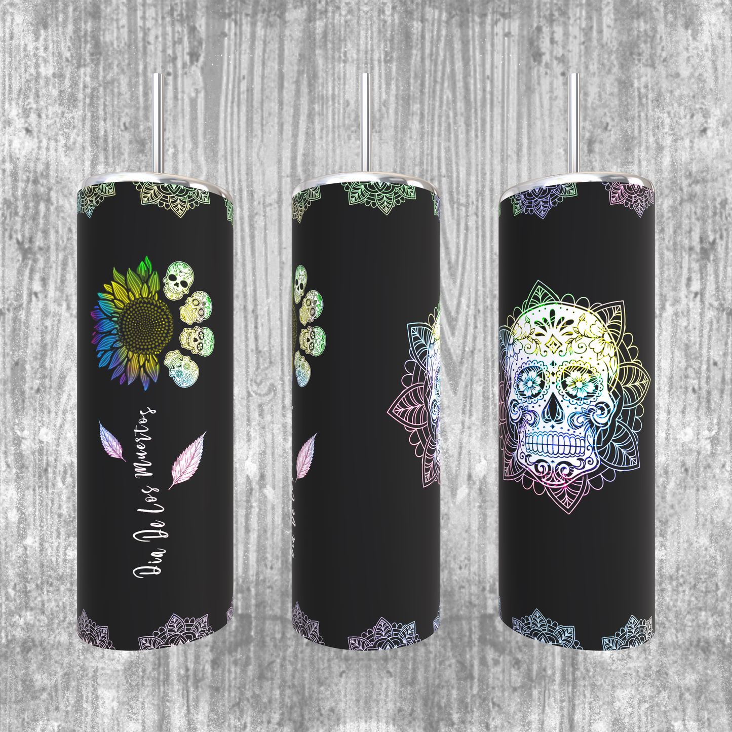 Sunflower Sugar Skull Skinny Tumbler with sliding lid and reusable plastic straw