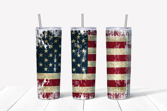 Distressed American Flag Skinny Tumbler with lid and reusable straw