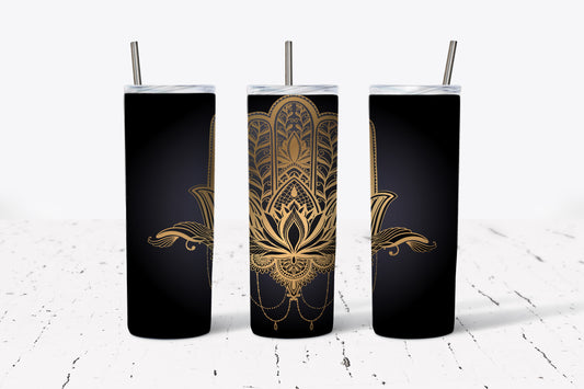 Black and Gold Hamsa Skinny Tumbler with lid and reusable straw