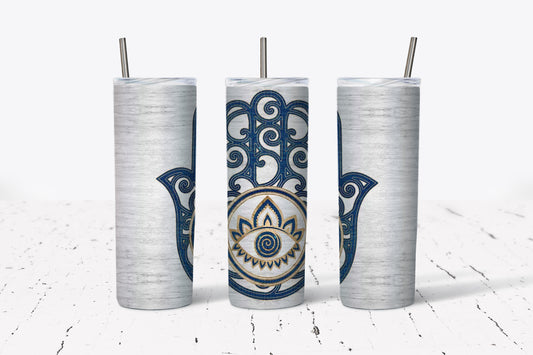 Blue and Gold Hamsa Skinny Tumbler with lid and reusable straw