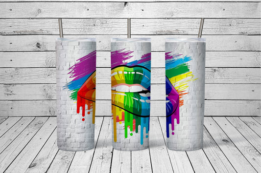 Rainbow Lips Skinny Tumbler with sliding lid and reusable plastic straw