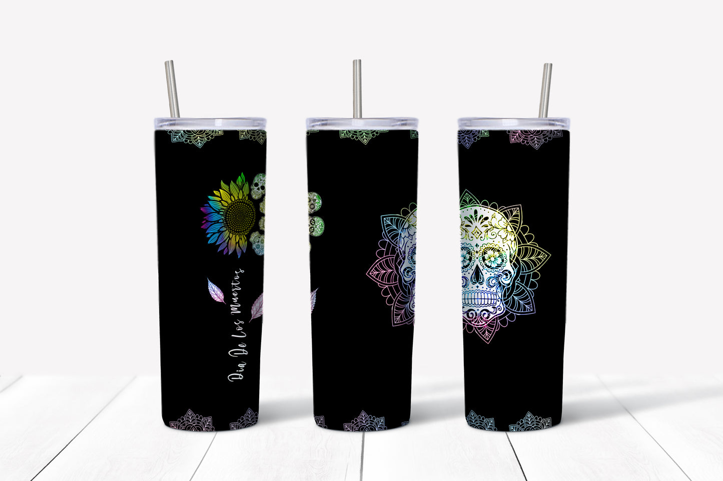 Sunflower Sugar Skull Skinny Tumbler with sliding lid and reusable plastic straw