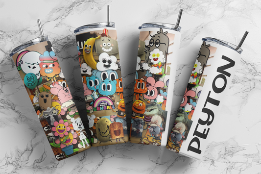 Cartoon Skinny Tumbler with lid and reusable straw  *Add Personalized Name