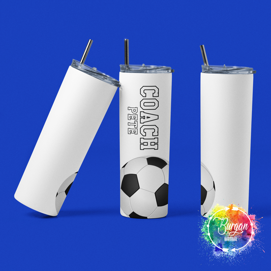 Personalized Soccer Coach Skinny Tumbler with lid and reusable straw