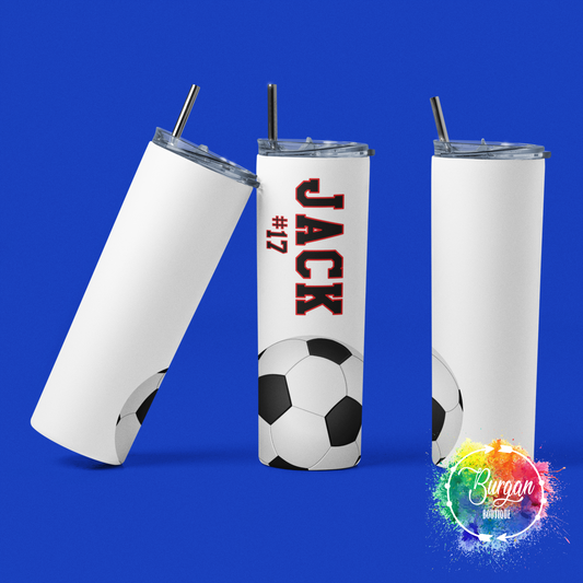 Personalized Soccer Player Skinny Tumbler with lid and reusable straw