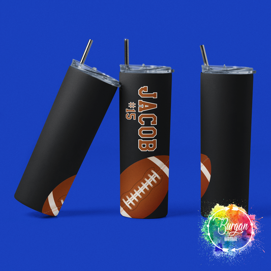 Personalized Football Player 20 oz Skinny Tumbler with lid and reusable straw